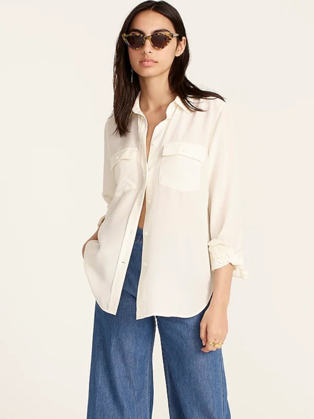 J.Crew Classic Ivory 100% Silk Button Down Shirt Size 12 Quiet Luxury Blouse